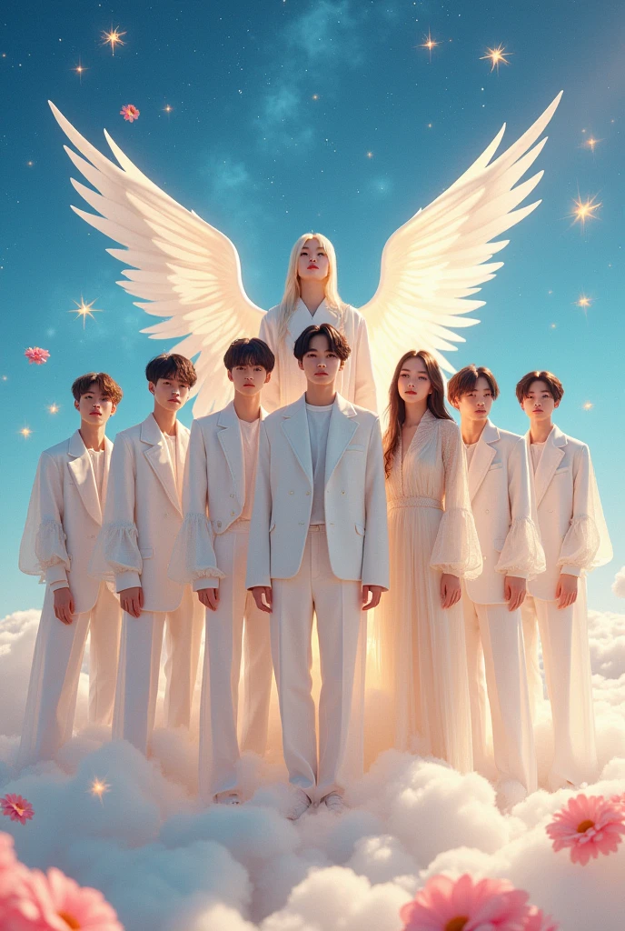 A kpop group called "Starlight" They are 7 Korean men between 16 and 22 years old. With concept of angels, constellations and flowers. Sky blue colors, Navy blue, white and cream.