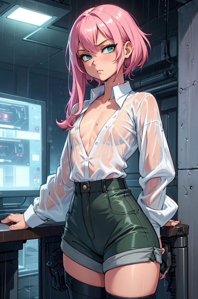 (masterpiece), (best quality), (high res), ((((Solo)))), (perfect anatomy), (young girl (), fair skin, pink hair (shoulder length), green eyes, (((cowgirl outfit))), (((white shirt))), jean skintight black mini shorts, happy, blusshing, (((flat chest))), in a futuristic setting with a green light, annoyed, cyberpunk, (drinking water), best anime 4k, cybersuits, in her school, ((during a storm))), (at night), (((wet))), ((rain)), (night), ((((alone))))