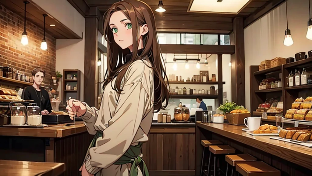 Boy, green eyes, brown hair, standing in a cozy café, facing straight at the viewer, normal casual clothes, till waist, hands at the side of the body