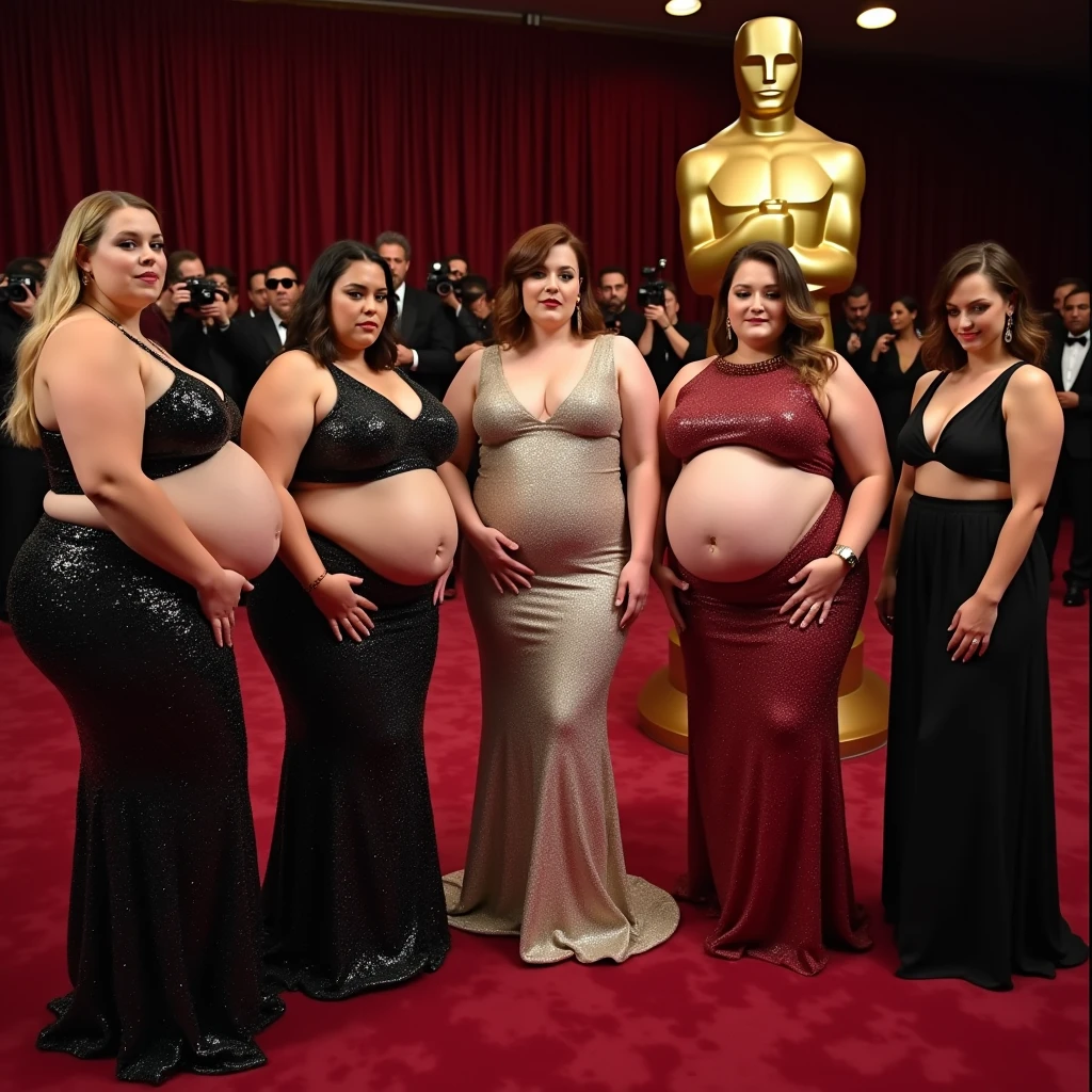 5 women are obese with lots of belly fat, like Tess Holliday, they are plus size models with beautiful faces, they are wearing glittering dresses and banging their bellies against each other, they are obese American sumo wrestlers with very large bellies, they are distended and covered with a lot of fat, they have nicely saggy bellies and only one navel dimple, they are on the red carpet at the Oscars, 4K quality, low angle