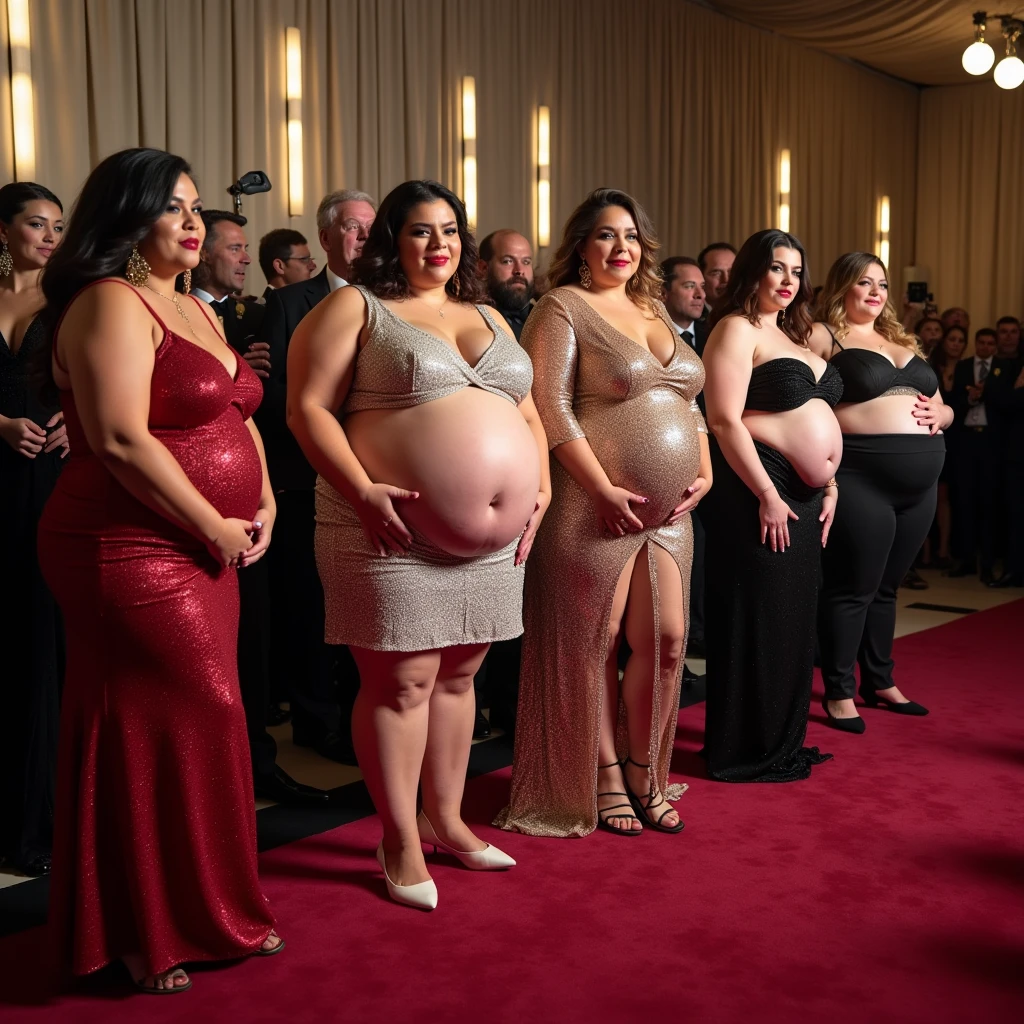 Three women are obese with lots of belly fat, like Tess Holliday, they are plus size models with beautiful faces, they are wearing glittering dresses and banging their bellies against each other, they are obese American sumo wrestlers with very large bellies, they are distended and covered with a lot of fat, they have nicely saggy bellies and only one navel dimple, they are on the red carpet at the Oscars, 4K quality, low angle