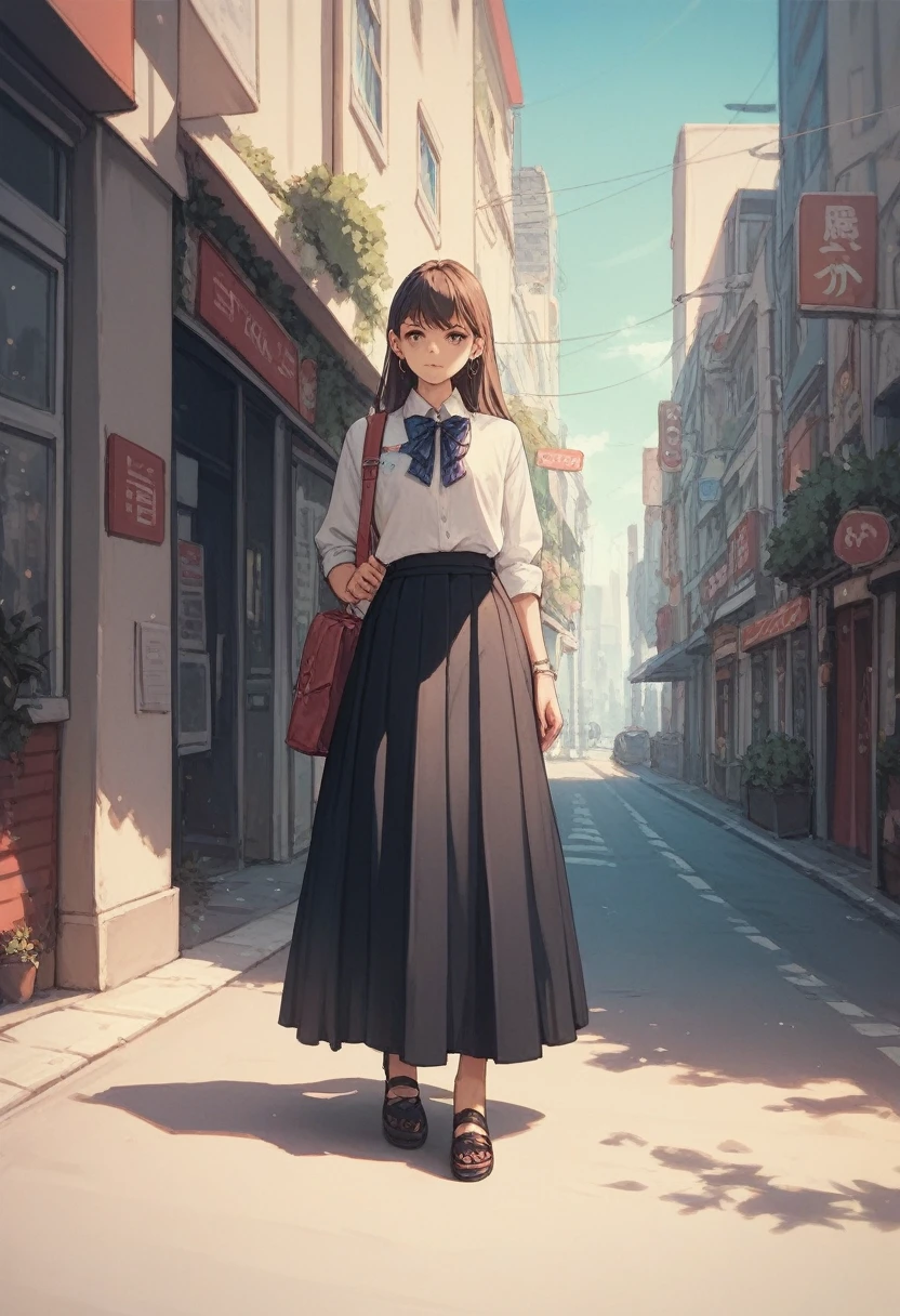 Girl, black long skirt , skirt is very long , volume skirt,street,standing ,anime
