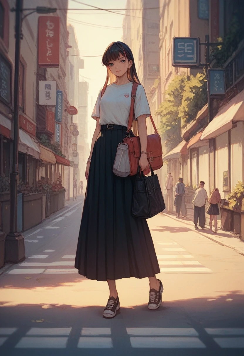 Girl, black long skirt , skirt is very long , volume skirt,street,standing ,anime