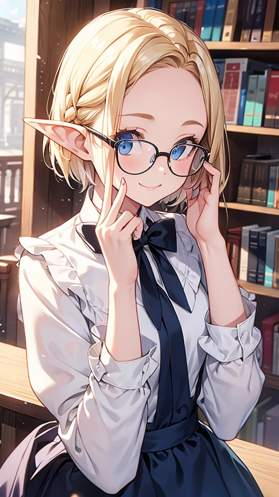 Very close、((Focus on the upper body))、16K、masterpiece、High resolution、High resolution、((****ung elven woman))、((Beautiful white skin))、((Beautiful blonde、Very Short Hair、Wide forehead visible、Glasses))、((Beautiful Blue Eyes))、((Pointed Ears))、Smiling Kindly、blush、((Formal wear))、((library))、Courting me