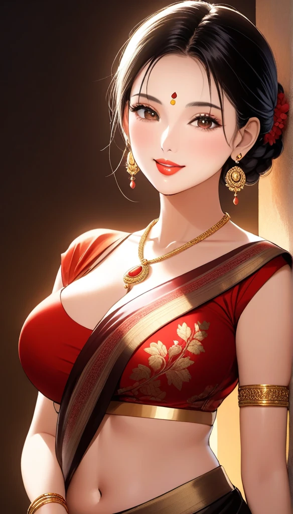 (1woman, mature, single hair braid,silk saree saree with intricate patterns, long jhumka earrings, detailed alluring eyes, smooth detailed lips, beautiful face, smiling, red lipstick, navel, bangles, saggy breasts, photorealistic, 8k, hyperdetailed, vibrant colors, studio lighting, masterpiece, cinematic composition, dramatic lighting, intricate details, highly realistic skin textures, volumetric lighting, beautiful intricate jewelry, warm color palette, natural lighting, elegant pose, beautiful detailed expression, hyper realistic rendering, seamless blending, flawless skin, glowing skin, delicate features, breathtaking realism, striking composition),tall , necklace, bangles ,navel,full body view