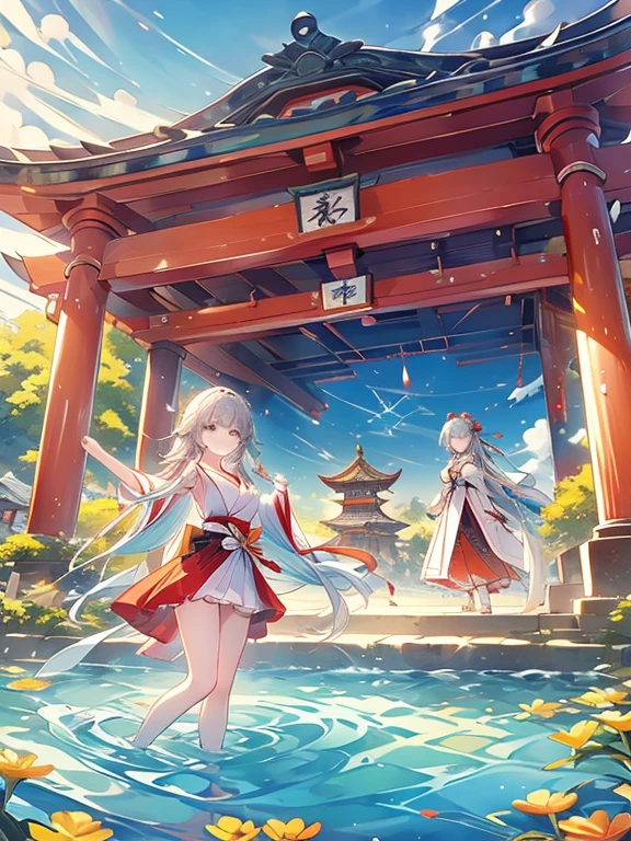 ((Highest quality)), ((masterpiece))、Small breasts are justice、background（Magnificent View）、View from afar、Multiple people、Two women、Two shrine maidens、Dance、prayer、Uplifting、Guidance、(Blue and silver long hair、Blue-green eyes)、(Scarlet long hair、Orange eyes)、Miko costume、Hakama、morning haze、shrine、anime