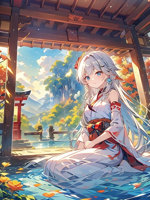 ((Highest quality)), ((masterpiece))、Small breasts are justice、background(Magnificent View)、View from afar、Multiple people、Two women、Two shrine maidens、Dance、prayer、Uplifting、Guidance、(Blue and silver long hair、Blue-green eyes)、(Scarlet long hair、Orange eyes)、Miko costume、Hakama、morning haze、shrine、anime