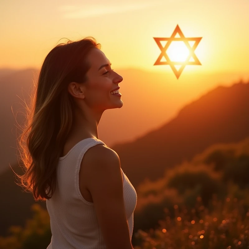 An image of a confident and self-assured woman, looking at the horizon with a serene smile on his face. Ao fundo, a natural landscape at sunrise, with golden lights radiating a feeling of hope and new beginnings. In a corner of the image, de forma discreta, a representation of the Star of David in a modern and elegant style. Add soft light elements to create a mystical and attractive effect, 