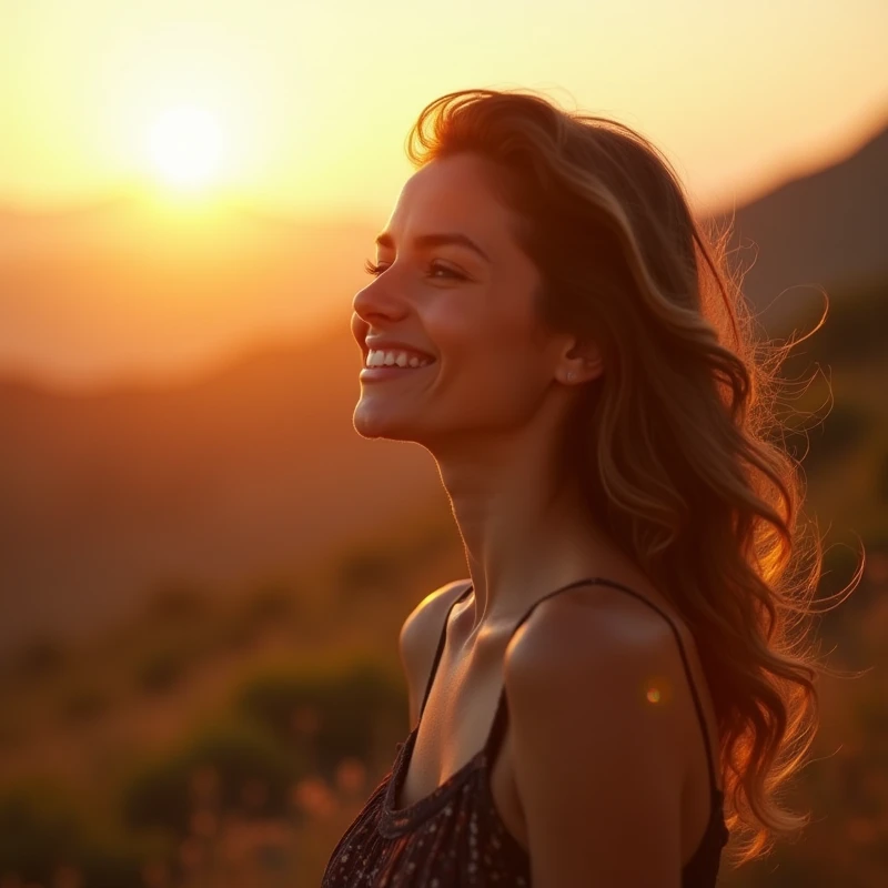 An image of a confident and self-assured woman, looking at the horizon with a serene smile on his face. Ao fundo, a natural landscape at sunrise, with golden lights radiating a feeling of hope and new beginnings. In a corner of the image, de forma discreta, a representation of the Star of David in a modern and elegant style. Add soft light elements to create a mystical and attractive effect,
