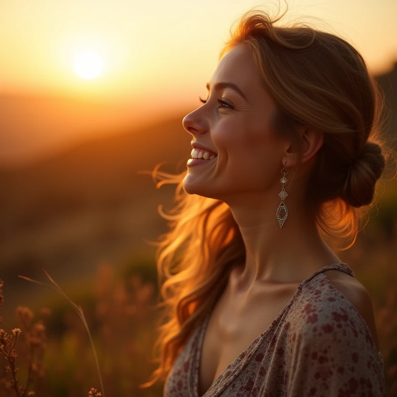 An image of a confident and self-assured woman, looking at the horizon with a serene smile on his face. Ao fundo, a natural landscape at sunrise, with golden lights radiating a feeling of hope and new beginnings. In a corner of the image, de forma discreta, a representation of the Star of David in a modern and elegant style. Add soft light elements to create a mystical and attractive effect,