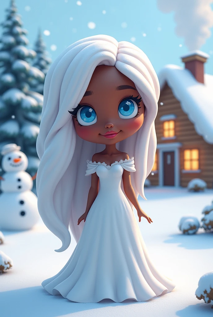 Black woman with long white hair in chibi, blue bright eyes,blue bright eyes,blue bright eyes, skin black, white gown, pink mouth, red cheek, snowy scenery with ice crystals, snowy scenery with ice crystals, snowman in the background, shining blue eyes, wooden cottage in the background with smoke coming out of the chimney and windows with yellowish light, pine trees in the background house