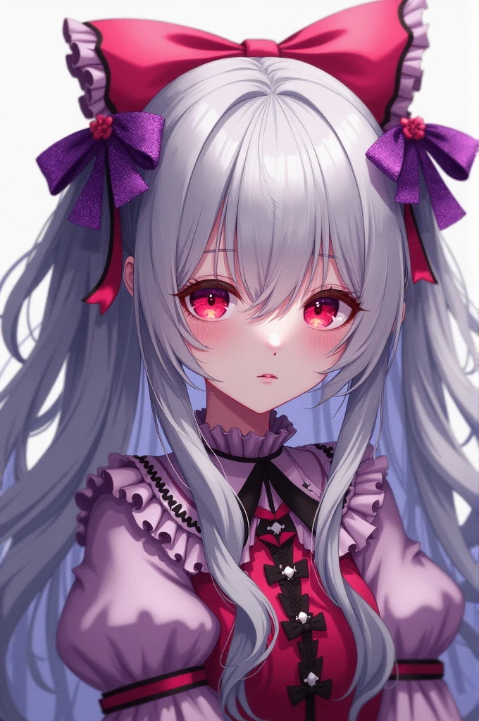 Purple and pink mesh color on some of the gray hair。Half-twin long-haired girl。She wears a red and black ribbon in her hair.。He has red eyes and a mole under his right eye.。Wearing mass-produced clothes with lots of frills and ribbons。