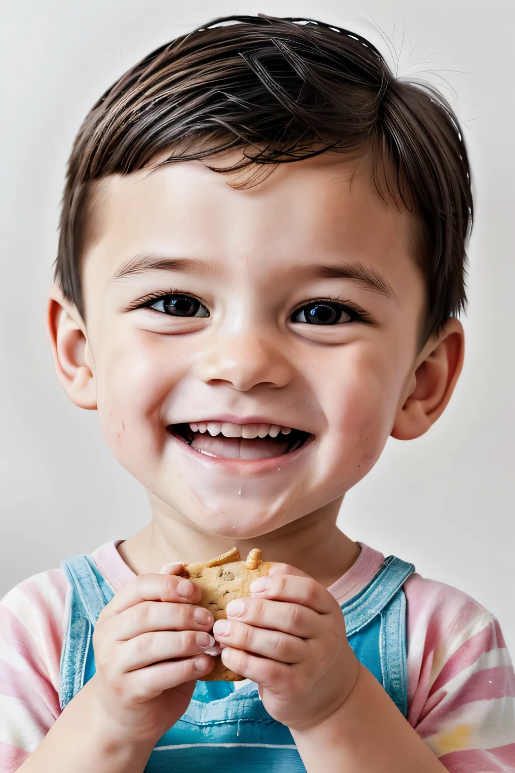 realistic, detailed illustration,ddler, (boy:1.2), twear- ,eat, enjoying, ( cookie:1.2), dish, delicious, savoring, hand, holding,( biting  cookie:1.0), open mouth, cute, sweet, treat, tiny fingers, juicy, messy, happy, small hands, mouth open, anticipation, taste, delight, fresh, ripe, smiling, content, savor, moment, sketch, illustration, cartoon, character design, line art, vibrant colors, expressive, whimsical, playful style, soft edges, pastel palette, texture, brushstrokes, dynamic pose, exaggerated features, kawaii, chibi-style, moment, joyful expression, smile, soft warm colors, fine details, simple background, hand-painted style, digital art touch,(illustration:1.5), (Watercolor:1,2),Illustrations for children's picture books, (focus on face:1.1), white background, blurry background