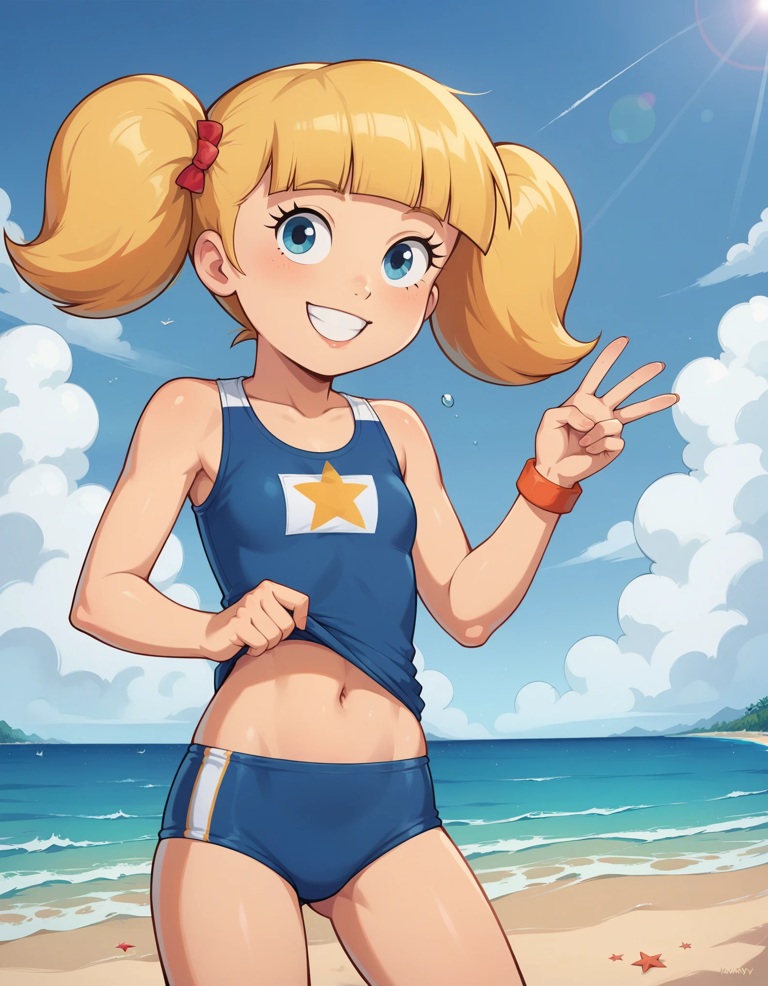 score_9, score_8, score_8_up, score_7_up, sgstyle, BREAK, 1girl, solo, female focus, 1girl, penny_ig, BREAK,  penny, blonde hair, twintails, blunt bangs, solo, beach, ocean, sky, sunny, (torn swimsuit), (belly button, smile), masterpiece, best quality,