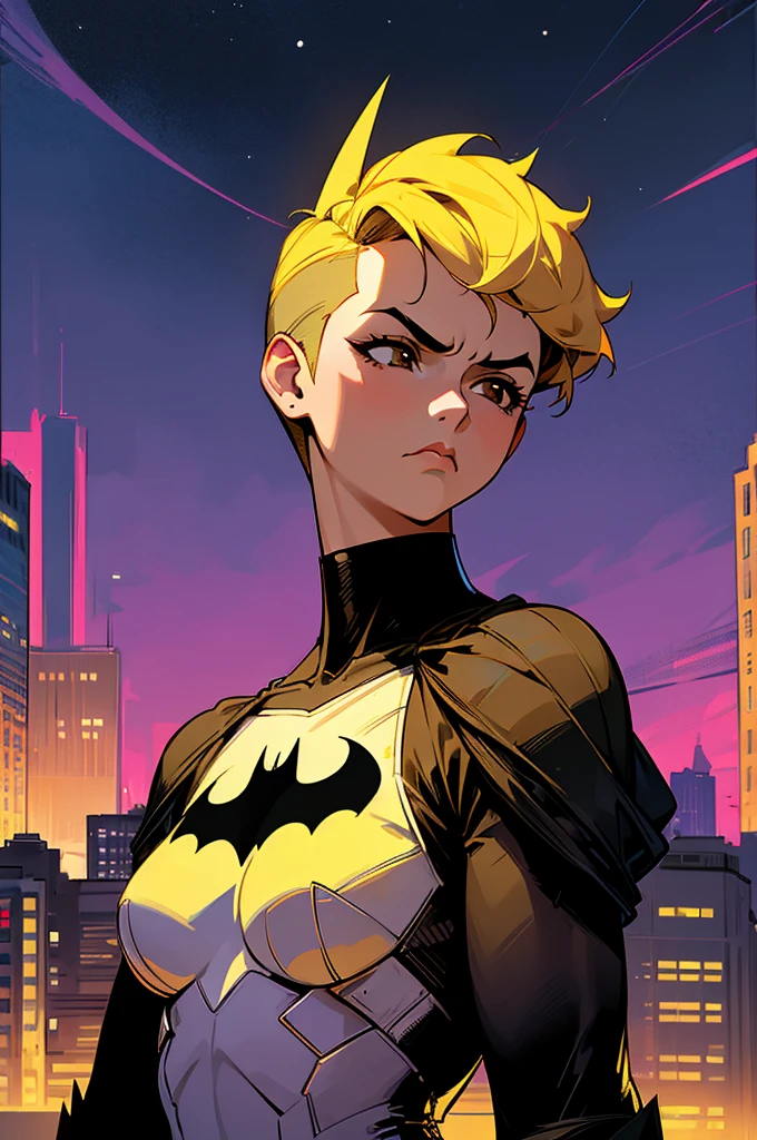 1female , undercut hair , wavy hair ,short hair, black Hair , brown Eyes , muscular ,teen female , Serious Expression , Modern City Background , Big symbol on chest, modern city background, upper body, batman shirt, arm, white arm sleeves, superhero suit, lesbian, blonde highlights, night sky, batman mask,