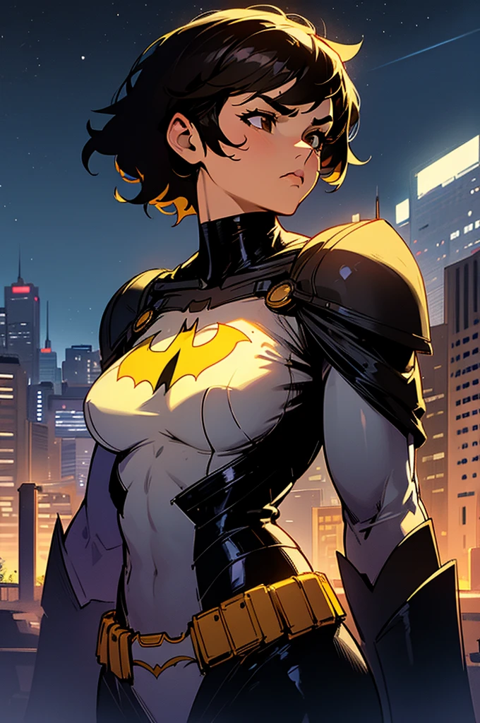 1female , undercut hair , wavy hair ,short hair, black Hair , brown Eyes , muscular ,teen female , Serious Expression , Modern City Background , Big symbol on chest, modern city background, upper body, batman shirt, arm, white arm sleeves, superhero suit, lesbian, blonde highlights, night sky, batman mask,