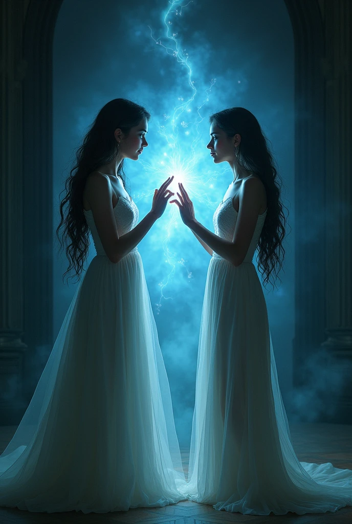 A woman in a dark room shared with a being of light joining the index fingers of her four hands in the form of a magical connection 