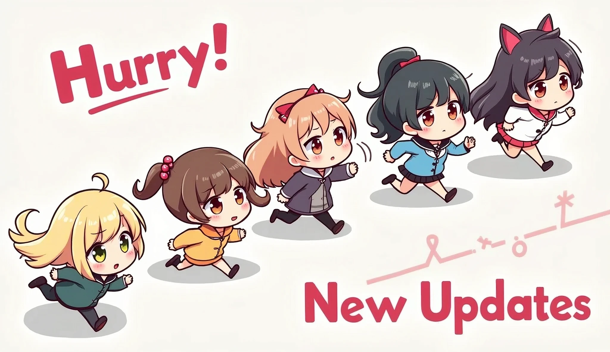 6+girls/((So many girls\(seamless\):1.5),chibi,cute,kawaii,big eyes,various expressions,various clothes,various hair, (flat color:1.3), vivid color,rushing\(from top-right to bottomleft\)/) , isometric view, (cute text says "Hurry! New Updates@SeaArt.ai!":1.4)