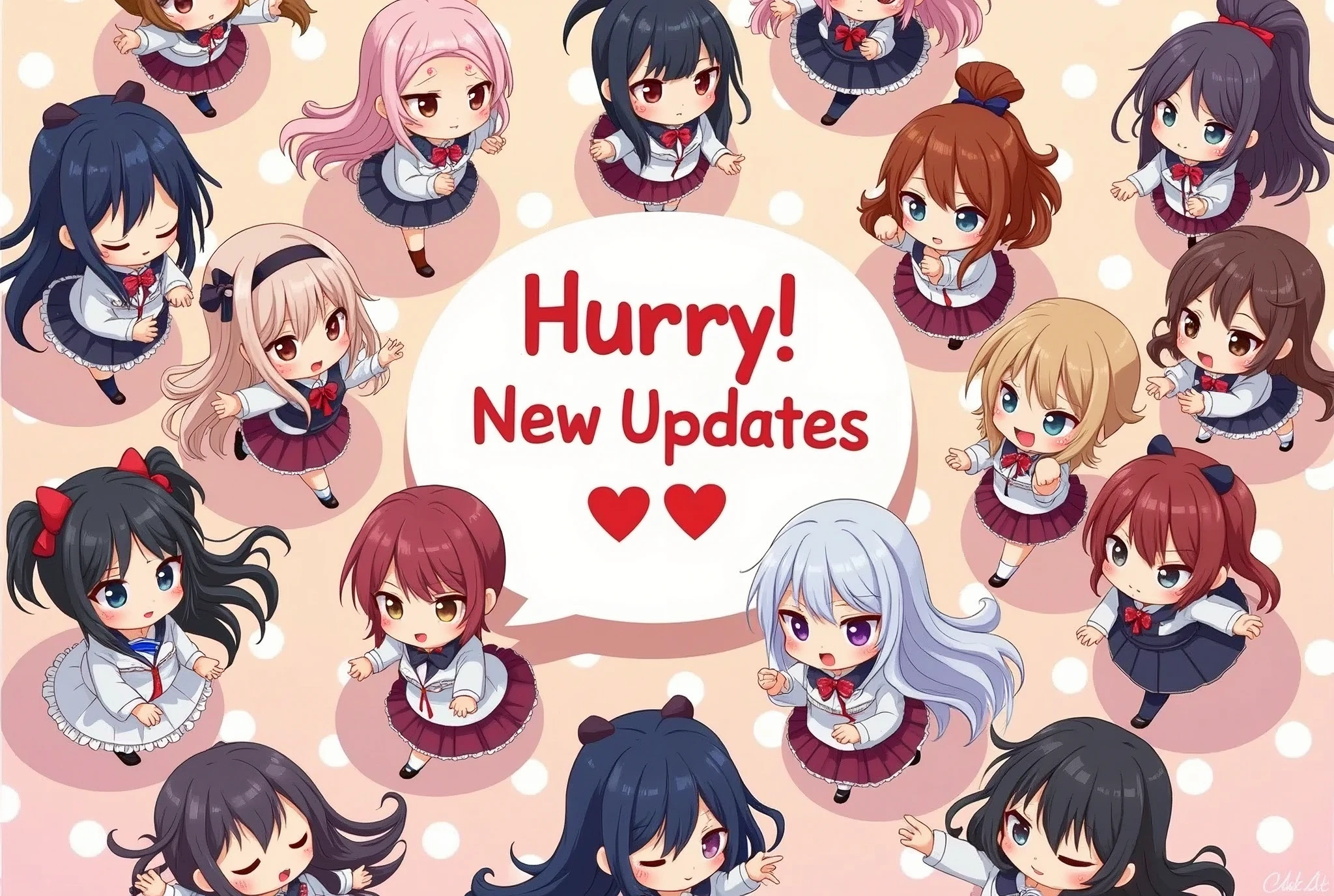quality\(masterpiece, best quality,8k,wallpaper of extremely detailed CG unit,hight resolution,top-quality,top-quality real texture skin,hyper realisitic,increase the resolution,RAW photos,best qualtiy,highly detailed,the wallpaper\), so many girls\( seamless,(chibi:0.8),cute,kawaii,big eyes,many expressions\(smile, serious, crying, shouting \),various cute clothes,various hair, flat anime, vivid color,rushing\(from top-right to bottom-left\)\) , isometric view, (cute text balloon says "Hurry! New Updates @SeaArt.ai~!":1.4)