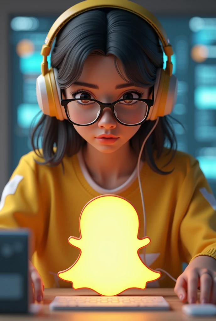 Create a 3D illustration featuring a realistic 20-year-old beautiful girl busy Developing software in front of a 3D logo of "SNAP CHAT" The girl wearing Yellow & white casual Shirts, with glasses, with headphones, The background of the image should showcase a social media profile page and the username "SEVARA" and a matching profile picture and modify it according to your perspective.