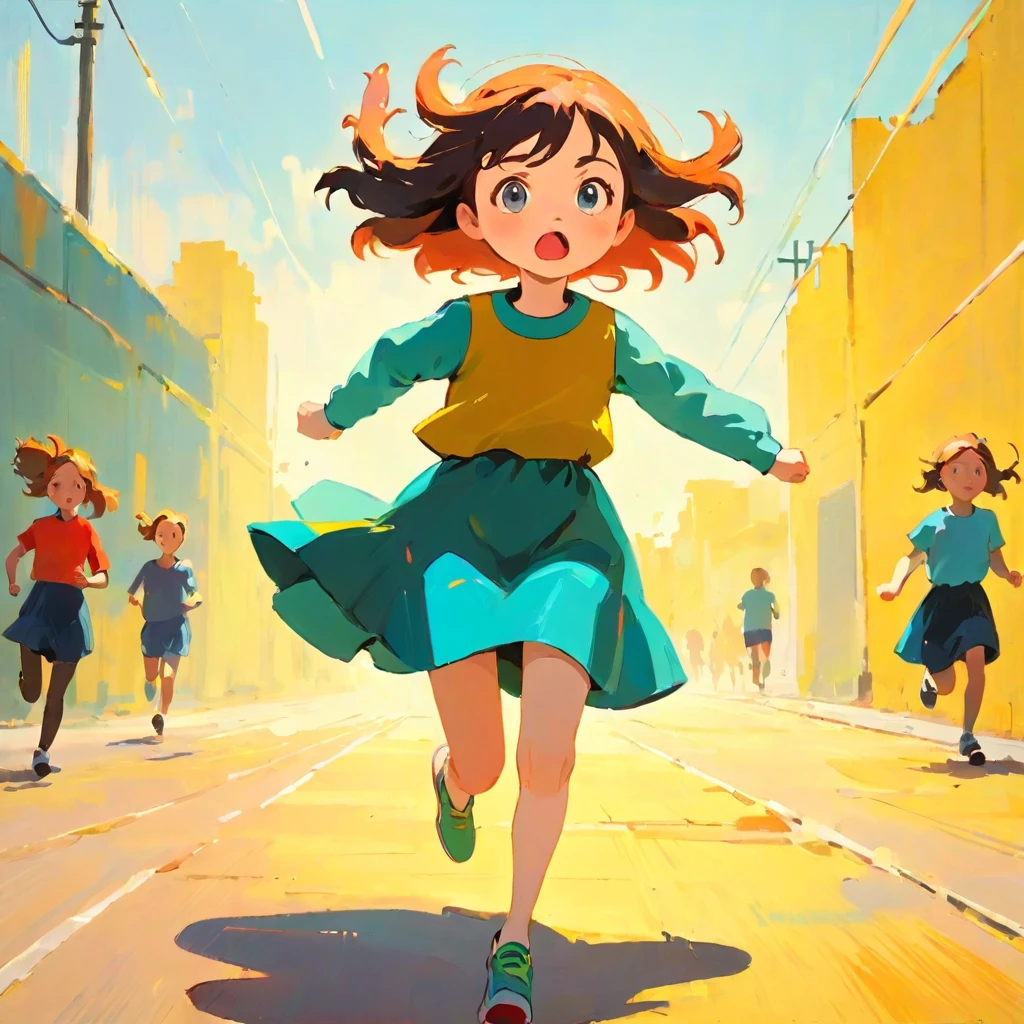 A girl who lost the fight and is running away, Amy Earls, abstract expressionism, Looks boring, gesture, Whimsical、Deformation、People running away are in the background