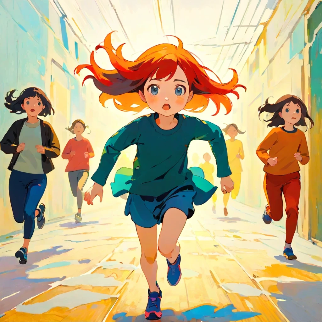 A girl who lost the fight and is running away, Amy Earls, abstract expressionism, Looks boring, gesture, Whimsical、Deformation、People running away are in the background