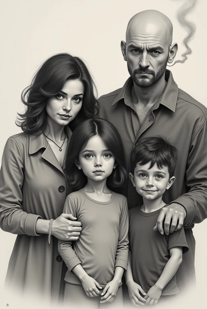 Drawing of a photo of a happy family, bald mother, smoking father, happy daughter, unsmiling eldest son