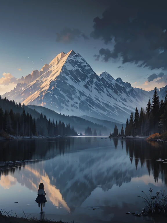 A beautiful girl singing by a serene lake, surrounded by a picturesque landscape painting of a cold, atmospheric scene, with a melancholic, bittersweet mood between the two figures who find it difficult to part ways, 1girl, detailed face, detailed eyes, detailed lips, elegant dress, singing, lakeside, landscape painting, cold atmosphere, thick brushstrokes, melancholic mood, bittersweet, (best quality, 4k, 8k, highres, masterpiece:1.2), ultra-detailed, (realistic, photorealistic, photo-realistic:1.37), oil painting, dramatic lighting, moody colors, cinematic composition