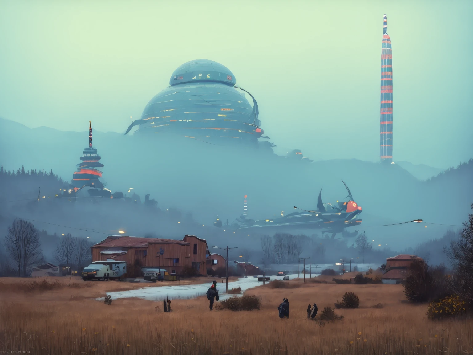 (lora:21Stalenhag:1),(masterpiece), (best quality), (ultra-detailed), (best illustration), (best shadow), (absurdres),((draw by Simon Stlenhag)), Simon Stlenhag style,SIMON STÅLENHAG,(((science fiction city))),focus on the giant tower, Americana Architecture