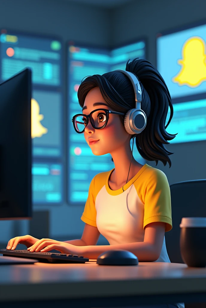 Create a 3D illustration featuring a realistic 20-year-old beautiful girl busy Developing software in front of a 3D logo of "SNAP CHAT" The girl wearing Yellow & white casual Shirts, with glasses, with headphones, The background of the image should showcase a social media profile page and the username "SEVARA" and a matching profile picture and modify it according to your perspective.