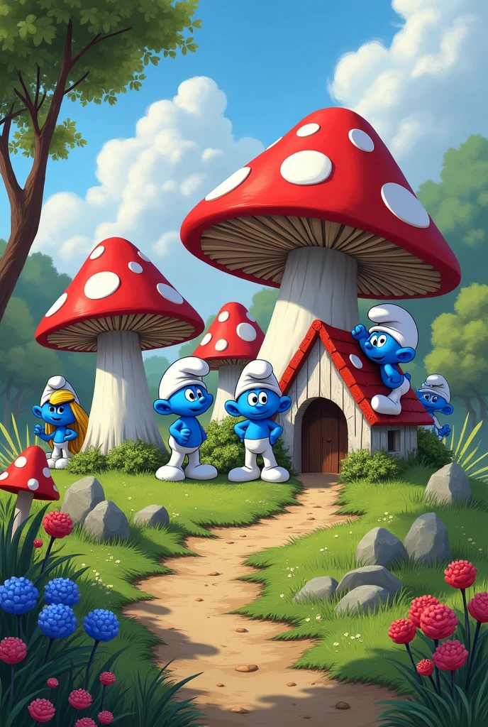 Create an image of the Smurfs' village and make sure they are well detailed., Also their houses must be mushrooms