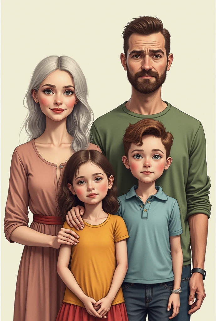 Drawing of a photo of a happy family, bald mother, smoking father, happy daughter, unsmiling eldest son
