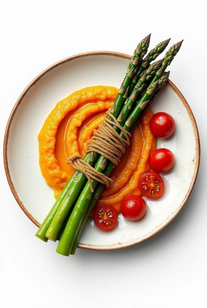 I need a dish that has a braid of sweet potato puree on the side 3 sautéed asparagus with some cherry tomatoes on the side, all in sketch
