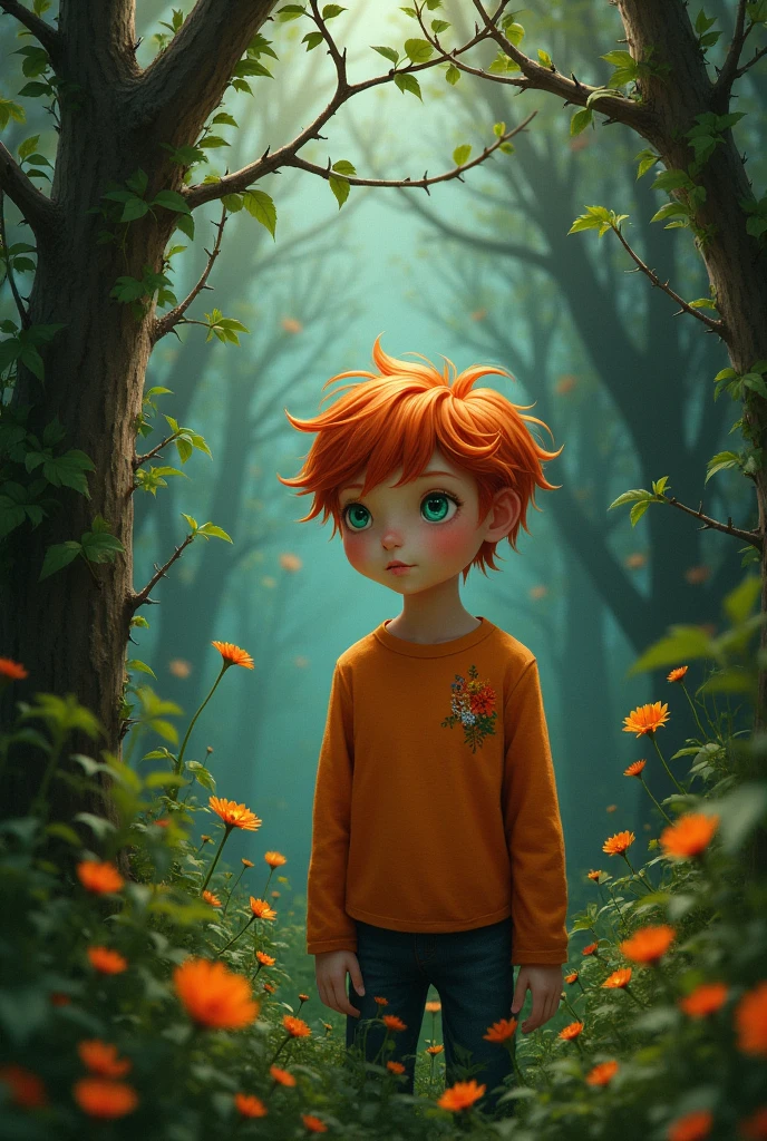 A lost red-haired boy with a melancholic green gaze, in an orange long-sleeved shirt with several flowers and jeans in a vast thorny garden. A garden of thorns 