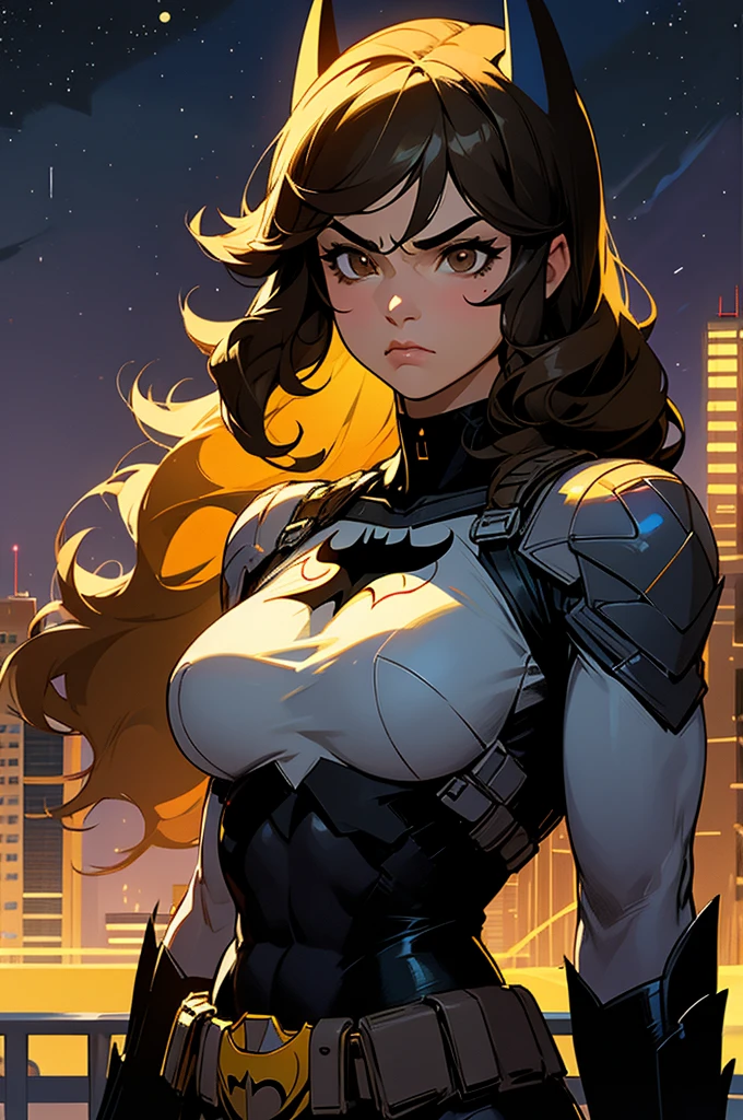 1female  , curly hair ,long hair, black Hair , brown Eyes , muscular ,teen female , Serious Expression , Modern City Background , Big symbol on chest, modern city background, upper body, batman shirt, arm, white arm sleeves, superhero suit, lesbian, blonde highlights, night sky, batman mask,
