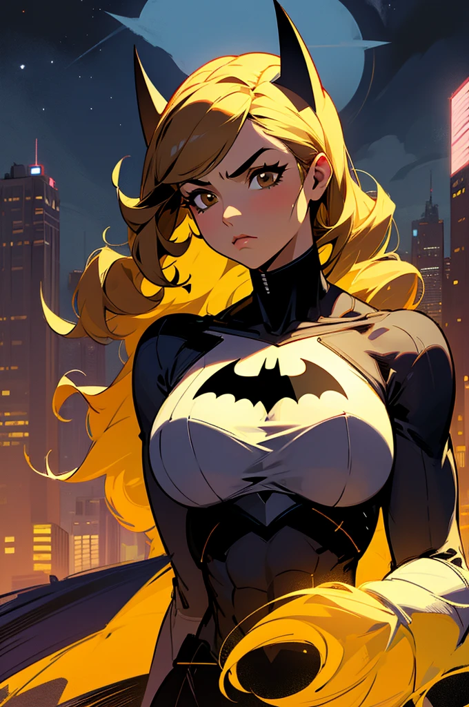 1female  , curly hair ,long hair, black Hair , brown Eyes , muscular ,teen female , Serious Expression , Modern City Background , Big symbol on chest, modern city background, upper body, batman shirt, arm, white arm sleeves, superhero suit, lesbian, blonde highlights, night sky, batman mask,
