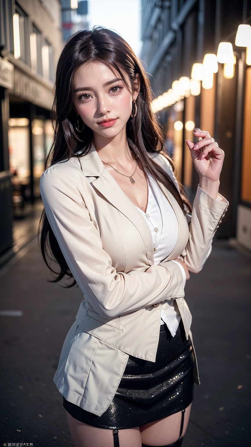 (run a high class brothel、A devilishly beautiful madam who sells useless prostitutes to organ brokers..),NSFW, masterpiece, highest quality, Accurate, UHD, retina, Super detailed, Award history, High resolution, anatomically correct, (realistic:1.4),Raw photo,(Soft saturation:1.3),(Fair skin:1.2),rough skin, 8K,1 girl, alone, mature adult woman, Beautiful Evil, evil and sneaky sexy woman, (perfectly beautiful woman, perfectly beautiful face, Perfectly beautiful eyes, perfectly beautiful nose, perfectly beautiful nose孔, perfectly beautiful lips),(Chestnut hair tied on top of head),(compensate:1.3),(eye reflection:1.3, solid circle eye, ring-shaped eyes, Sparkling pupils:1.2, long eyelashes:0.7, amber eyes),(crystal earrings, necklace), sleepy, parted lips, boredom, (enchanting smile:1.4, cruel smile:1.4), (long_hairstyles, glossy_lips:1.5,lip_reflection:1.5), break, ( average_breasts, tiny_blazer, executive_shirt, short_pencil_skirt, stockings:1.5),(full_shot, outdoor, at the office, looking at user, she is standing naturally:1.5),(Detailed texture of wrinkles in clothing:1.3),