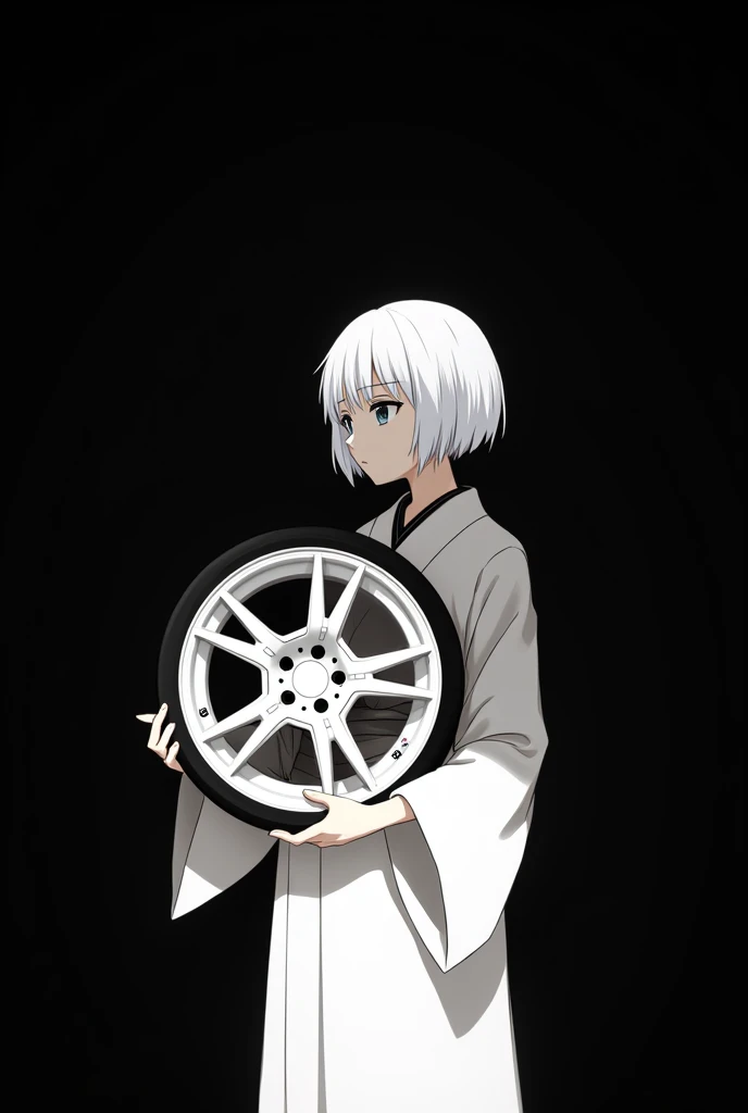 Write with a white pen on a black background. No grey, just black and white.。
Girl in kimono。Anime style, girl's hair length is bob, color is white。
Kimono is white。
Car wheel in hand1I have one。
No tires attached。
The wheels are 5 spokes。