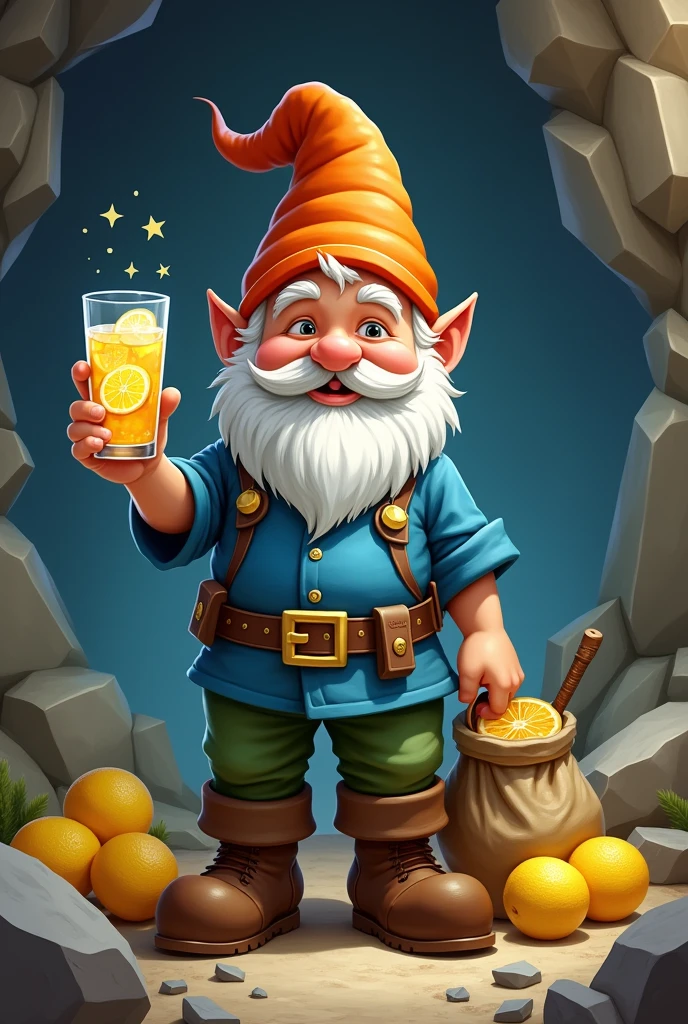 a mining gnome., wearing blue shirt, green pants, brown boots and belt, and an orange hat. The gnome is holding a citrine crystal in one hand and holding a glass of lemonade in the other..
inside the glass contains a slice of lemon and a citrine crystal. The setting is a cave with geodes or shiny gemstones in the background.. ao redor, put a bag or cart full of citrus fruits and some lemons.
