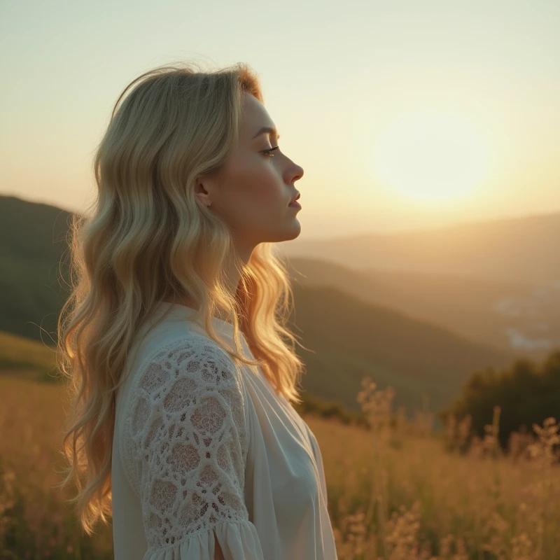 mages: A woman looking contemplatively at the horizon, in a natural environment with soft and comforting colors. No lower song, a small Star of David discreetly.