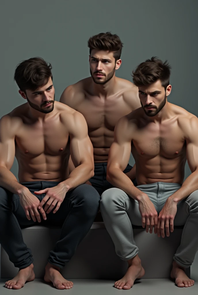 3 half naked men sitting dumb thinking
