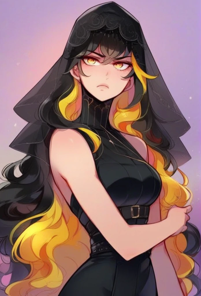 juder_style, score_9, score_8_up, score_7_up, score_6_up, score_5_up, score_4_up, hd, (ultra hd quality details), 8K, 1girl, long hair, Hourglass body, yellow eyes, black hair, yellow highlights, 2d illustration, wavy hair, serious face, combat, black veil
