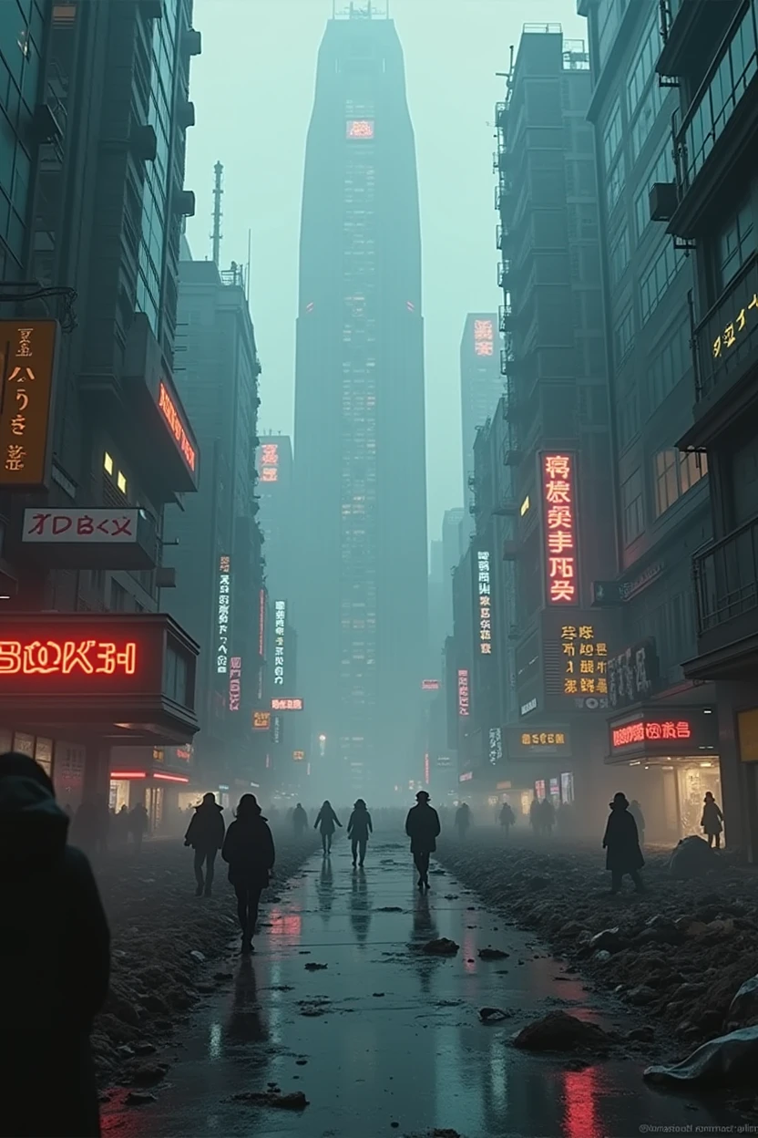 Vertion Dark Fantasy of Movie Blade Runner 2049, Panoramic view of City, NeoPunk, CiberPunk, Distopic City, Distopic View, Skine Line, Buildings, spinner vehicule, rain, ligths, smoke, nigth, realism, hiper realism, photo realism, perfection, master piece, beautiful view, mist, hologram, advertising, merkating, human, people, 8k, 4k. Sciencie fiction, architecture, android, robot, neon ligth, trash, garbage. 