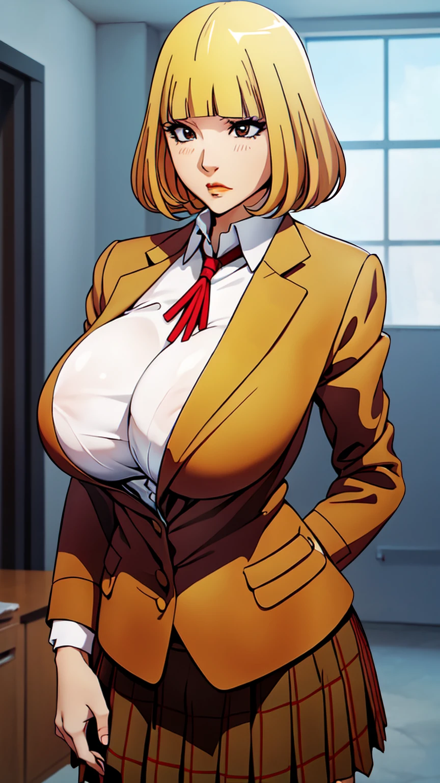 HnMdrkw-KJ , brown eyes , brown jacket, collared shirt, neck ribbon, plaid skirt, school uniform, blonde hair, Masterpiece, 8k, top-quality, best quality, official art, Beauty and Aesthetics, extremely detailed, full color, huge breast, serpentine body,