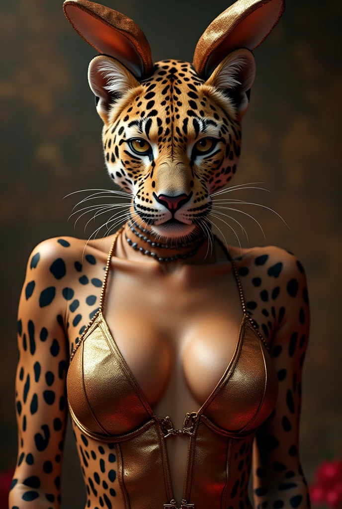 Cowboy Shot、Beautiful and detailed portrait of a female leopard dressed in a sexy bunny girl costume。Detailed face、Detailed eyes、Detailed lips、Complex fur texture、Shiny fur、Big confident eyes、Confident expression、Dynamic pose、Dramatic lighting、Cinematic composition、Rich colors、Vivid details、Photorealistic、Award-winning digital art、Very detailed、8k、Super detailed、masterpiece