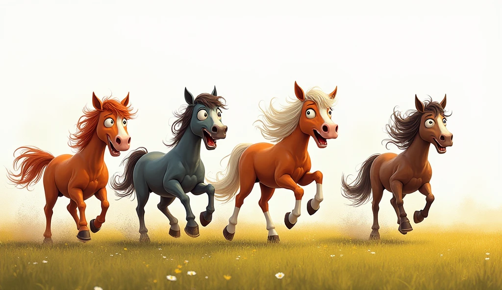 4 funny horses running on the meadow. 4 children with 4 happy emotions ,buồn, surprised, lovely. 3 children run in the same direction and 1 child runs back.. The 4 faces must be funny and stupid.. Horizontal photo. No humans appear, no human images only horses and 4 horses have to laugh and go crazy. Let's get rid of the grasslands and leave only the crazy and funny pictures of horses.. 4 horses of different colors. Let's go crazy