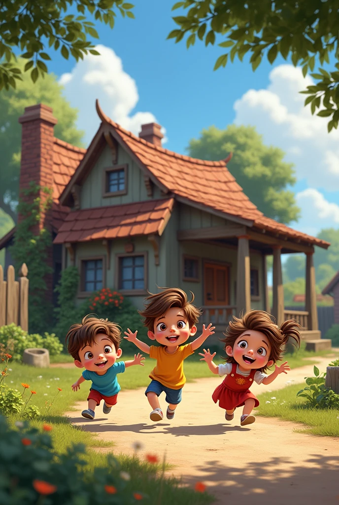 Three  playing inftont of old house(village scene)disney pixer style