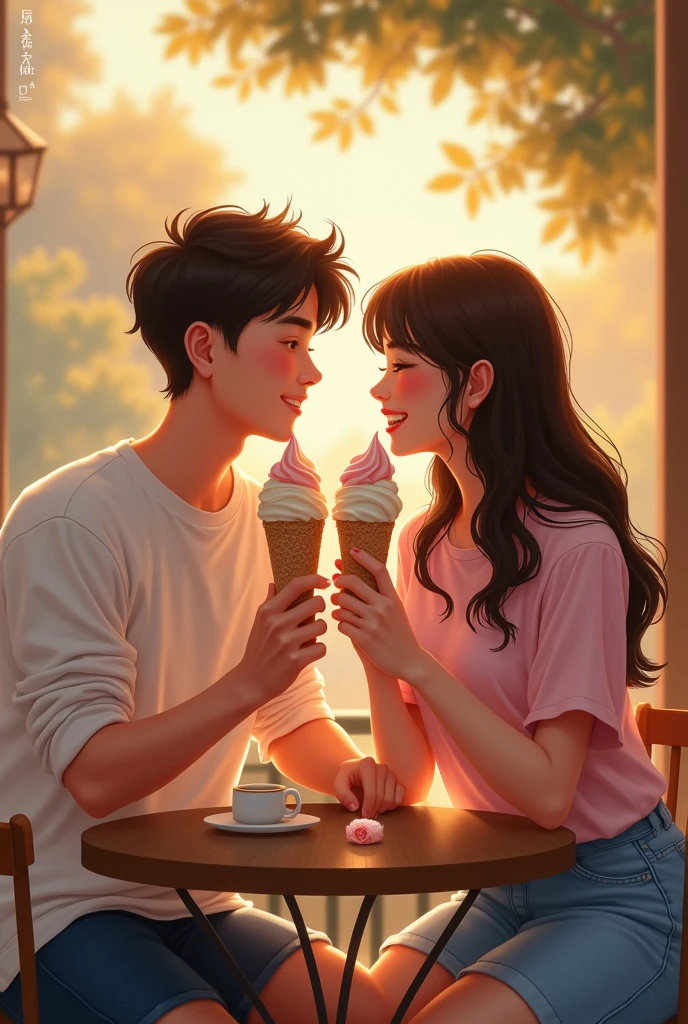 Lovers eating ice cream together