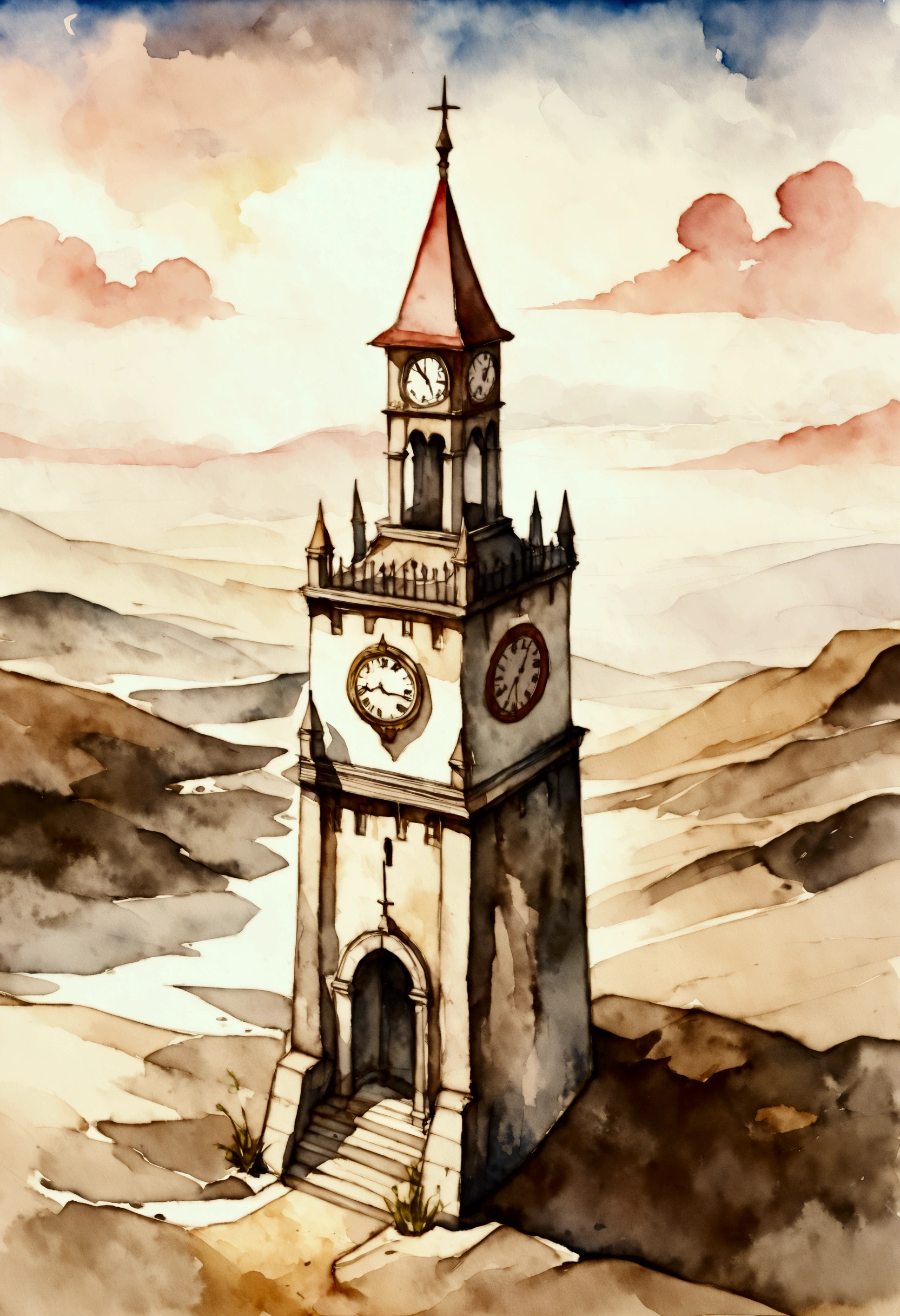 A single clock tower stands tall in the middle of a barren plain. No people. Fantasy. Watercolor painting.