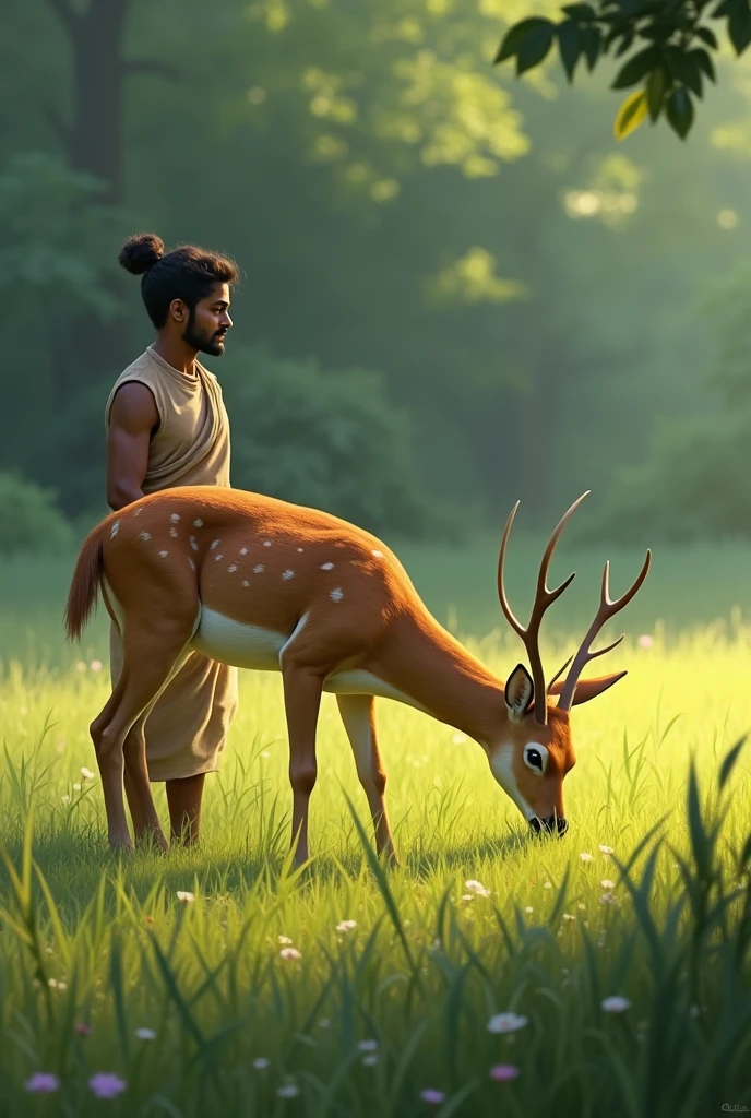 (Raghu moves forward and sees a small deer redness, grazing the grass.)